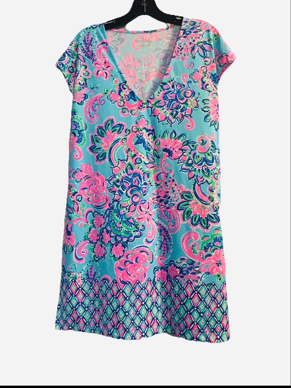 Lilly Pulitzer Aqua & Pink Floral V‑Neck Mini Shift Dress